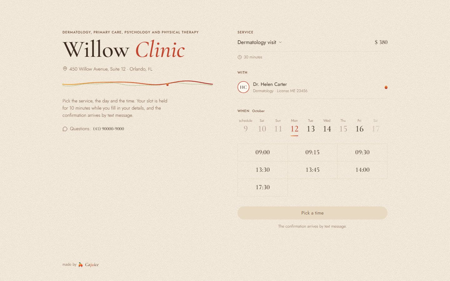 The public booking page of a clinic
