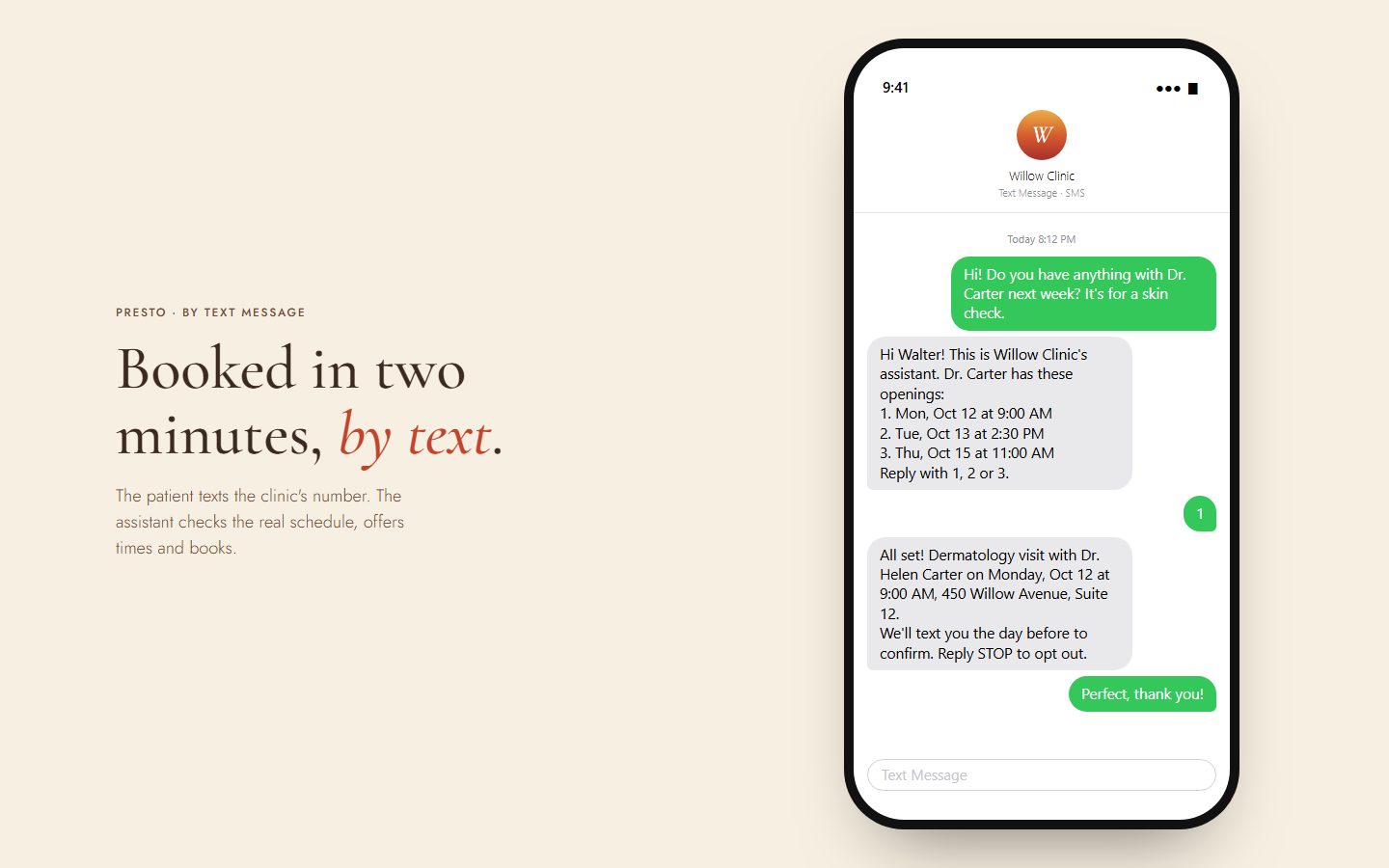 A text message conversation in which a patient books an appointment